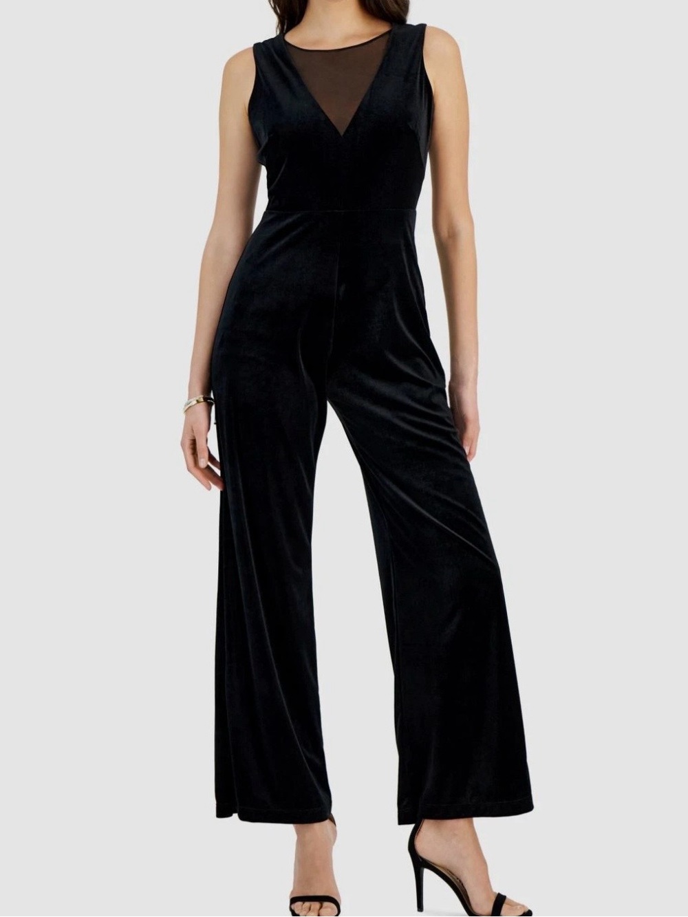 Taylor Women's Black Velvet Illusion-Trim V-Neck Sleeveless Jumpsuit Size 10